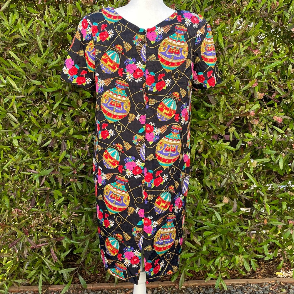 Vintage 1980’s Silk Sheath Dress Air Balloon & Red Rose Print Shoulder Pads S 12